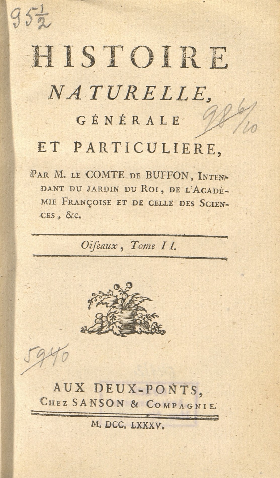 1.	Титульный лист 2-го тома «Всеобщей и частной естественной истории графа де Бюффона», изданного в 1785 г. в Deux-Ponts (современный Цвайбрюккен), (инв.№ РК 13302).