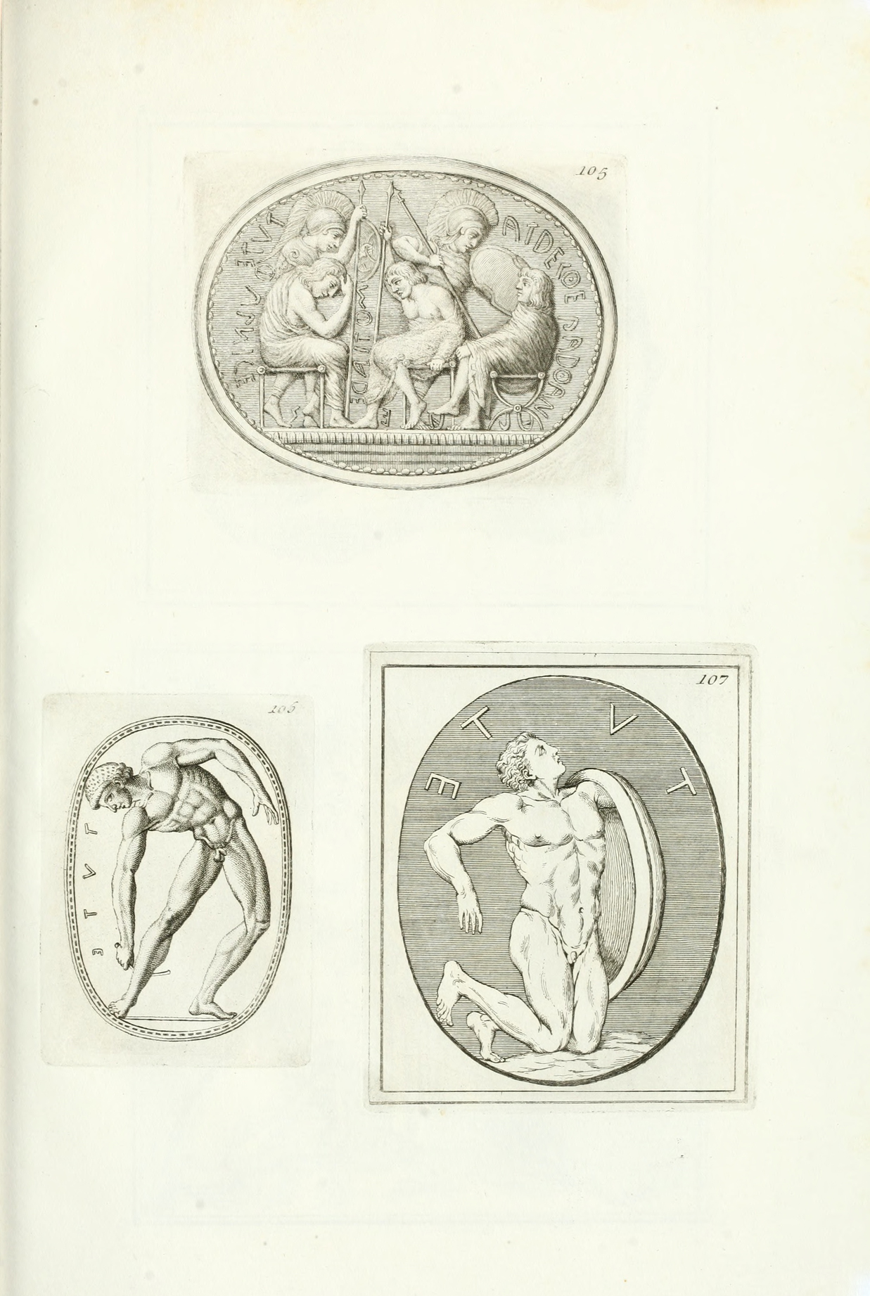 И.И. Винкельман. Неизвестные древние памятники. Рим. 1767 г. Том 1.  Лист с гравированными изображениями резных камней